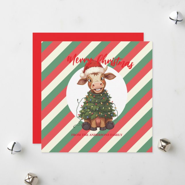 Cute merry Cow Christmas tree calf ox Xmas plaid Holiday Card (Front/Back In Situ)