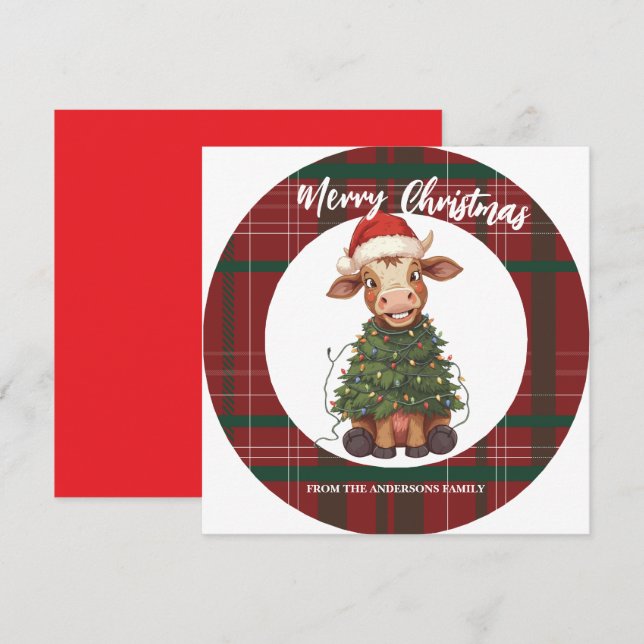 Cute merry Cow Christmas tree calf ox Xmas plaid Holiday Card (Front/Back)