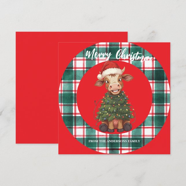 Cute merry Cow Christmas tree calf ox Xmas plaid Holiday Card (Front/Back)