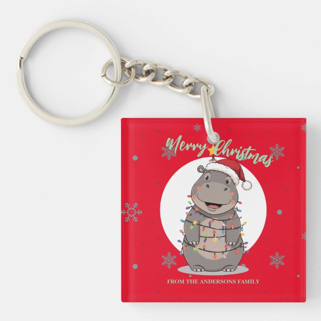 Cute merry Hippo christmas tree zoo safari Xmas  Key Ring (Front)