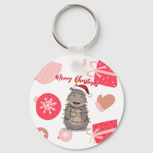 Cute merry Hippo christmas tree zoo safari Xmas Key Ring