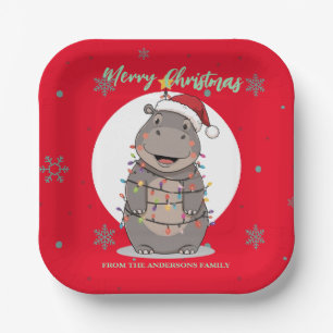 Cute merry Hippo christmas tree zoo safari Xmas Paper Plate