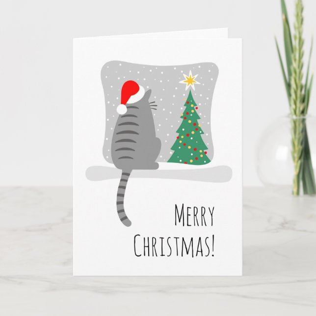 Cute Merry Meowy Christmas Tree Cat Snow Card (Front)