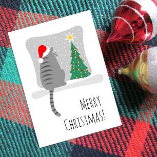 Cute Merry Meowy Christmas Tree Cat Snow Holiday Card