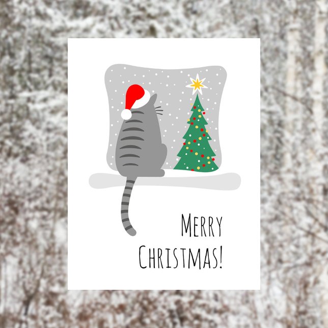 Cute Merry Meowy Christmas Tree Cat Snow Holiday Postcard (Creator Uploaded)