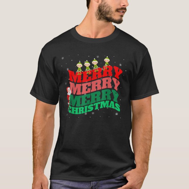 Cute Merry Merry Merry Christmas Santa Elf Xmas Sq T-Shirt (Front)