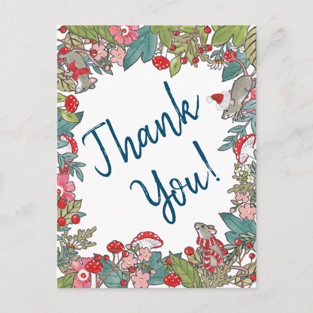 Cute Merry Mice Christmas Thank You Woodland Mouse Postcard (Front)