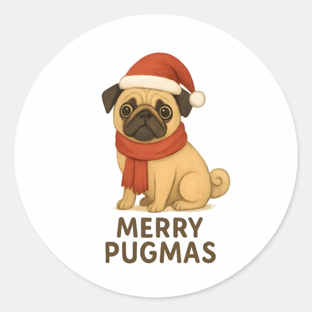 Cute Merry Pugmas Festive Holiday Pug Classic Round Sticker (Front)