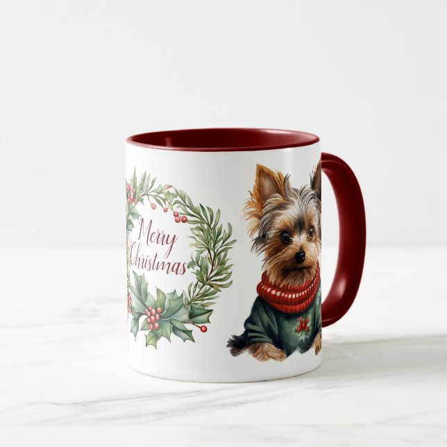 Cute Merry Yorkshire Terrier Dog Christmas Mug (Front Right)