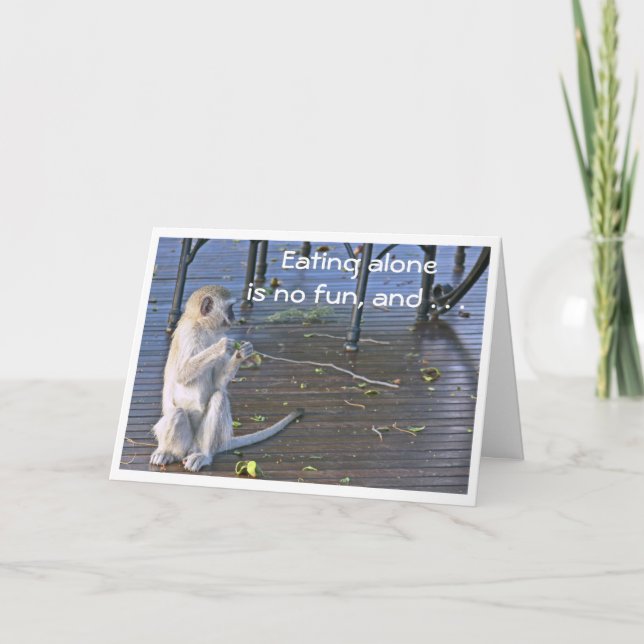 "CUTE & MESSY BABOON" (EATING ALONE IS NO FUN) CARD (Front)