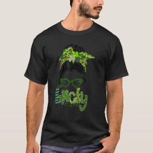 Cute Messy Bun Leopard Plaid St Patrick's Day One T-Shirt