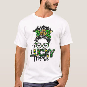 Cute Messy Bun Leopard Plaid St Patrick's Day One T-Shirt