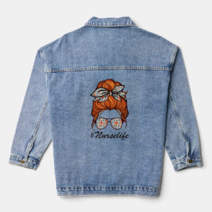 Cute Messy Hair Woman Bun Nurse Life Healthcare Li Denim Jacket