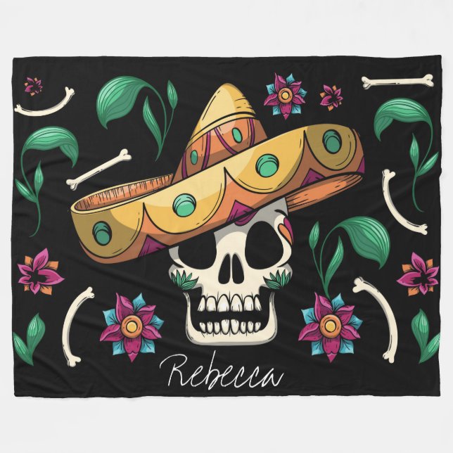 Cute Mexican Decorative Skull Fleece Blanket (Front (Horizontal))