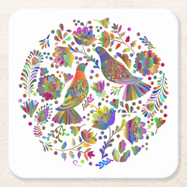 Cute Mexican Folk Art, Birds and Flowers Square Paper Coaster (Front)