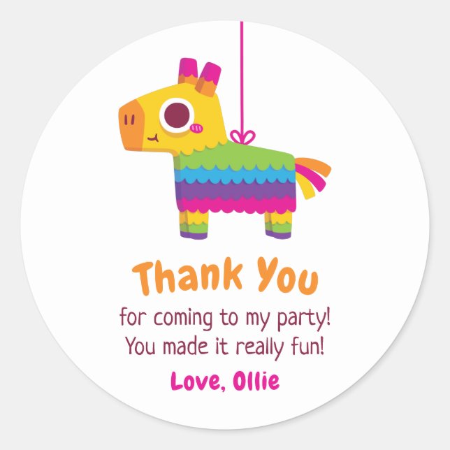 Cute Mexican Pinata Thank You Kids Birthday Party  Classic Round Sticker (Front)