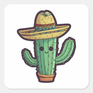 Cute Mexican Sombrero Cactus Plant Square Sticker