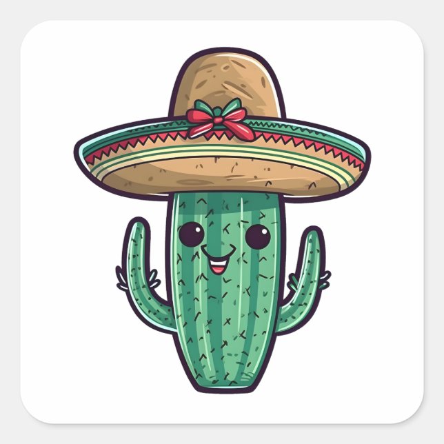 Cute Mexican Sombrero Cactus Square Sticker (Front)