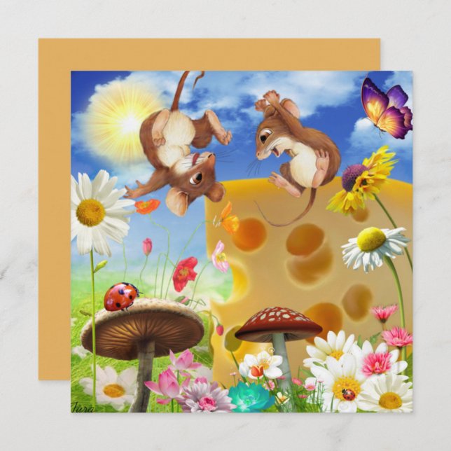 Cute Mice and Cheese Fantasy Art Flat Card (Front/Back)