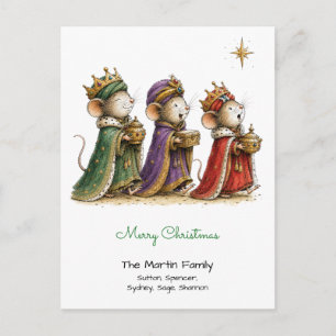 Cute Mice as Three Wise Men Merry Christmas Green Postcard