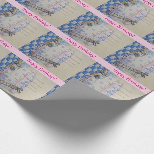 Cute mice birthday cake original illustration wrapping paper (Corner)