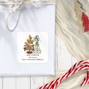 Cute Mice Christmas Tree Name Merry Christmas Square Sticker