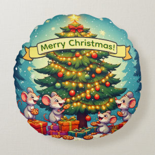 Cute Mice Cookies Christmas Tree Festive Cheerful Round Cushion