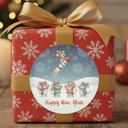 Cute Mice Happy New Year Fireworks Classic Round Sticker