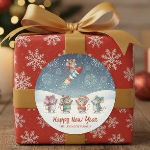Cute Mice Happy New Year Fireworks Classic Round Sticker
