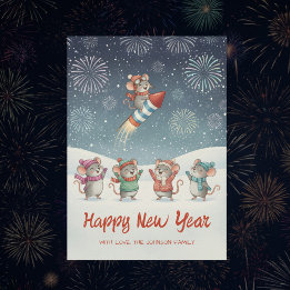 Cute Mice Happy New Year Fireworks Holiday Card