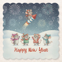 Cute Mice Happy New Year Fireworks Paper Coaster