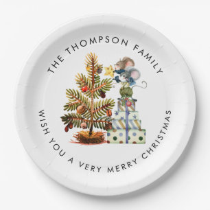 Cute Mice Merry Christmas Tree Name Paper Plate