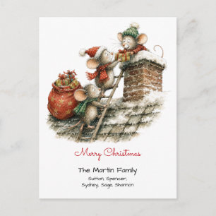 Cute Mice on Roof with Gifts Merry Christmas Red Postcard
