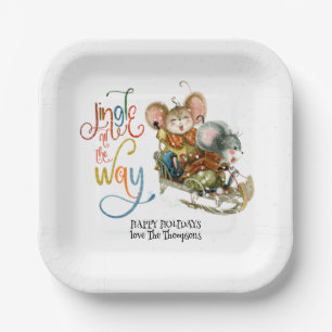 Cute Mice Sleighing Jingle All The Way Glitter Paper Plate