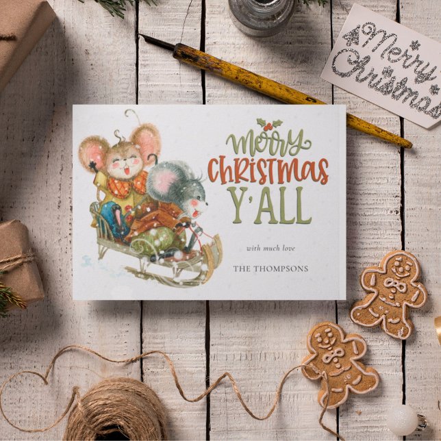 Cute Mice Sleighing Merry Christmas Y'All Name Postcard (Creator Uploaded)