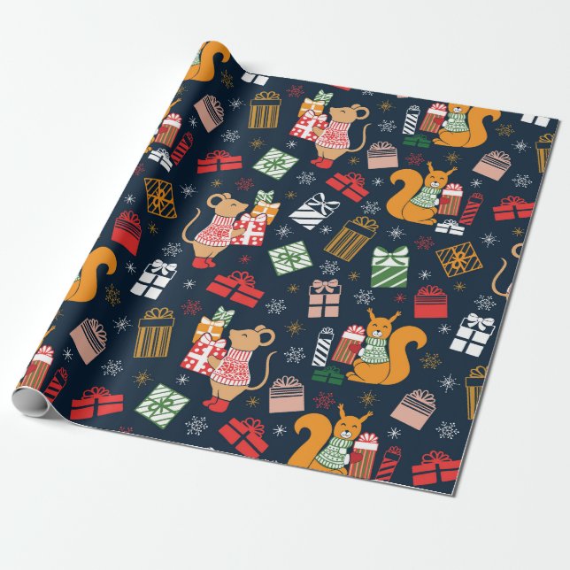 Cute Mice/Squirrels Christmas Wrapping Paper (Unrolled)