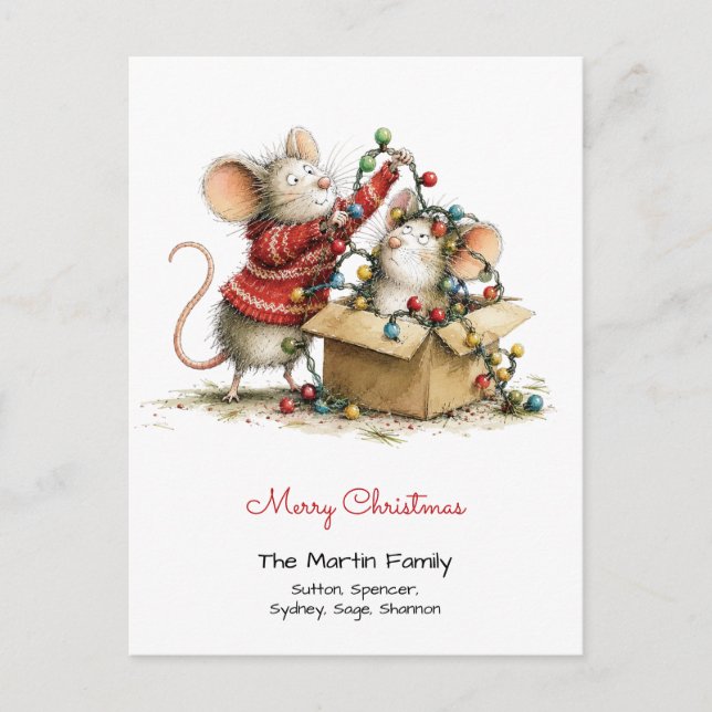 Cute Mice with Tree Lights Merry Christmas Postcard (Front)