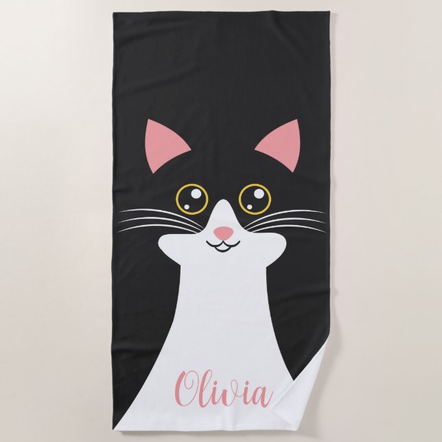 Cute Mid Century black cat portrait Beach Towel (Front)