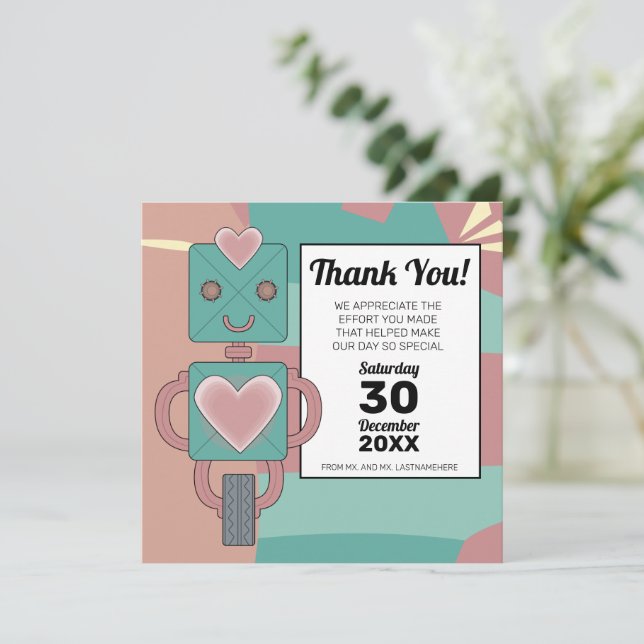 Cute Mid-Century Modern Robot Kid's First Birthday Thank You Card (Standing Front)