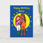 Cute Midnight Blue Horse and Girl Cartoon Birthday Card<br><div class="desc">Birthday card featuring a cute cartoon of a girl standing with her pony who has his head on her shoulder. The card is midnight blue with a representation of the moon and stars. Text on the front says Happy Birthday. Easily edit the template text on the front and inside of...</div>