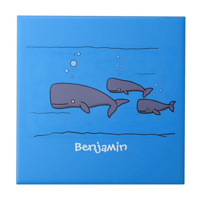 Cute migrating cartoon whales illustration ceramic tile (Front)