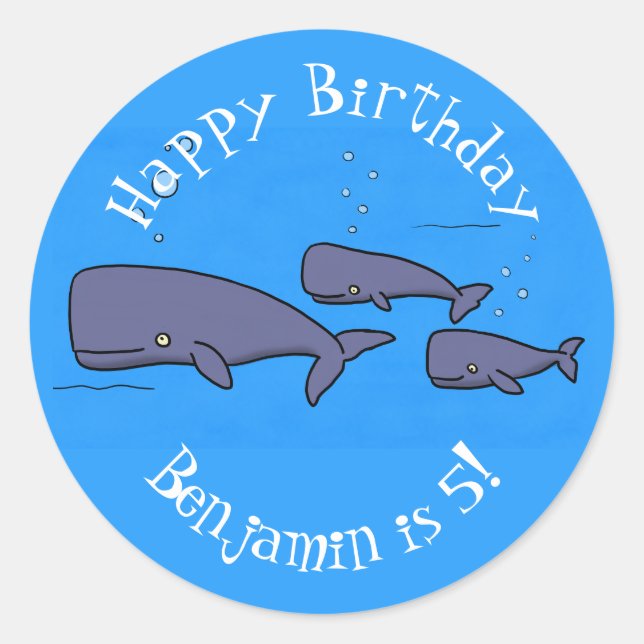 Cute migrating cartoon whales illustration classic round sticker (Front)