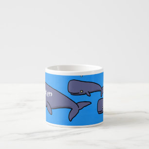 Cute migrating cartoon whales illustration espresso cup