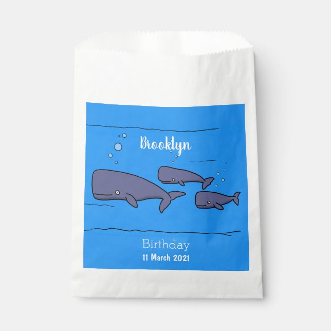 Cute migrating cartoon whales illustration favour bag (Front)