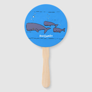 Cute migrating cartoon whales illustration hand fan