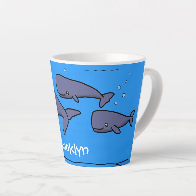 Cute migrating cartoon whales illustration latte mug (Right Angle)