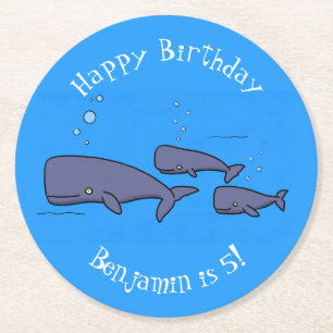 Cute migrating cartoon whales illustration round paper coaster