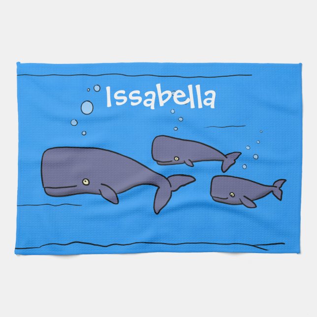 Cute migrating cartoon whales illustration tea towel (Horizontal)