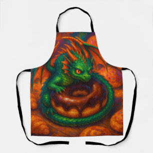 Cute Mini Green Dragon & Doughnut Fantasy Art Apron