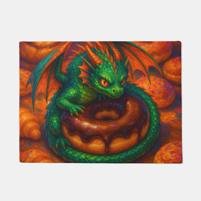Cute Mini Green Dragon & Doughnut Fantasy Art Doormat (Front)